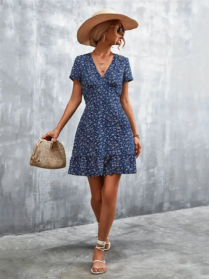 Summer Short Boho Dress Women V Neck Print Floral Party Dress Ladies Bohemian Flower Mini Dress For Women by All Mart Bristol Ltd