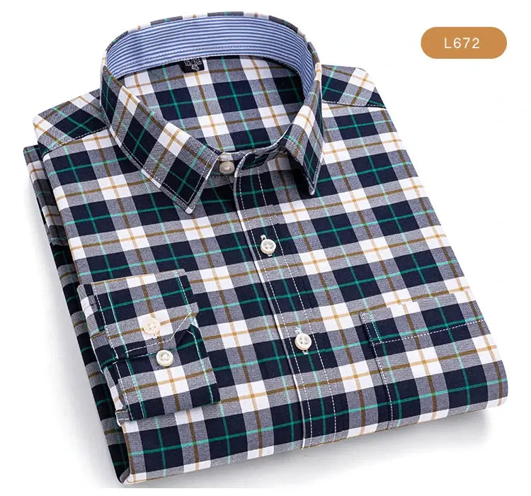 Men's Trendy Plaid Striped Lapel Collar Design Cotton Dress Shirts, Long Sleeve Casual Button Up Commuter Shirt For Spring/Fall by All Mart Bristol Ltd