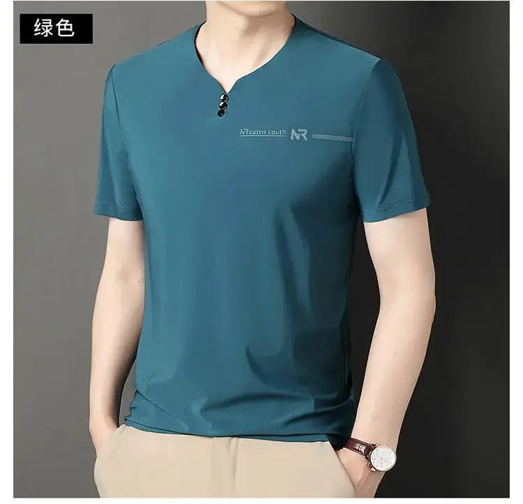 Luxurious Men V-neck T-shirts High end Mulberry Silk Men Short Sleeve Business Tops 2024 Summer Men Casual Tshirt Clothing by All Mart Bristol Ltd