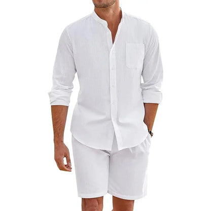 Daily Casual Breathable Cotton Linen Outfits Mens Vintage Stand Collar Button-up Shirts And Shorts Sets For Men Clothing Summer by All Mart Bristol Ltd