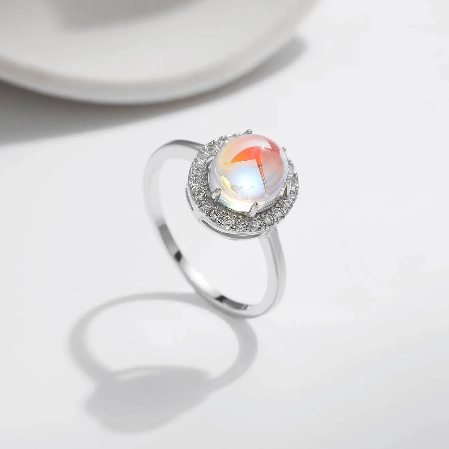 MODIAN 925 Sterling Silver Delicate Luxurt Oval Moonstone Party Finger Ring Shiny Rainbow Color Fine Jewlry For Women Gift by All Mart Bristol Ltd