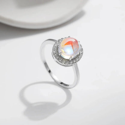 MODIAN 925 Sterling Silver Delicate Luxurt Oval Moonstone Party Finger Ring Shiny Rainbow Color Fine Jewlry For Women Gift by All Mart Bristol Ltd
