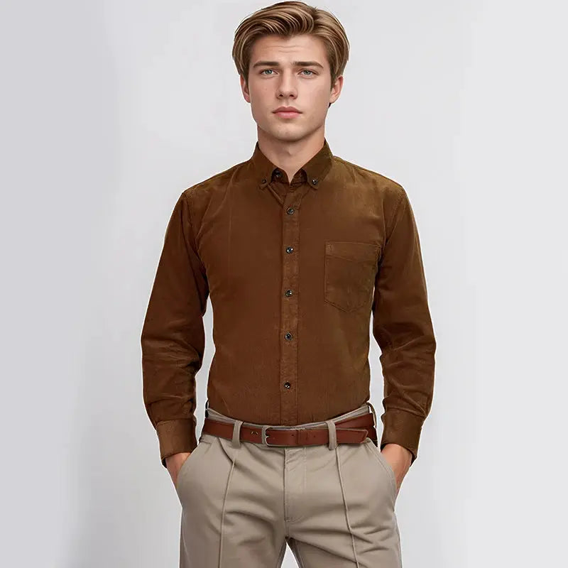 Oversize Corduroy Shirt For Men's Clothing Casual Long Sleeve Shirts Male Cotton Comfortable Soft Button-down Collar Brown Shirt by All Mart Bristol Ltd