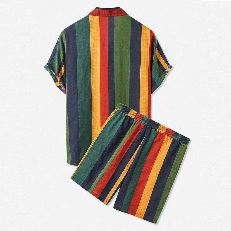 Men's Striped Tracksuit Streetwear Lapel Short Sleeve Shirts and Drawstring Shorts Casual Holiday Hawaiian 2 Piece Sets 2025 New by All Mart Bristol Ltd