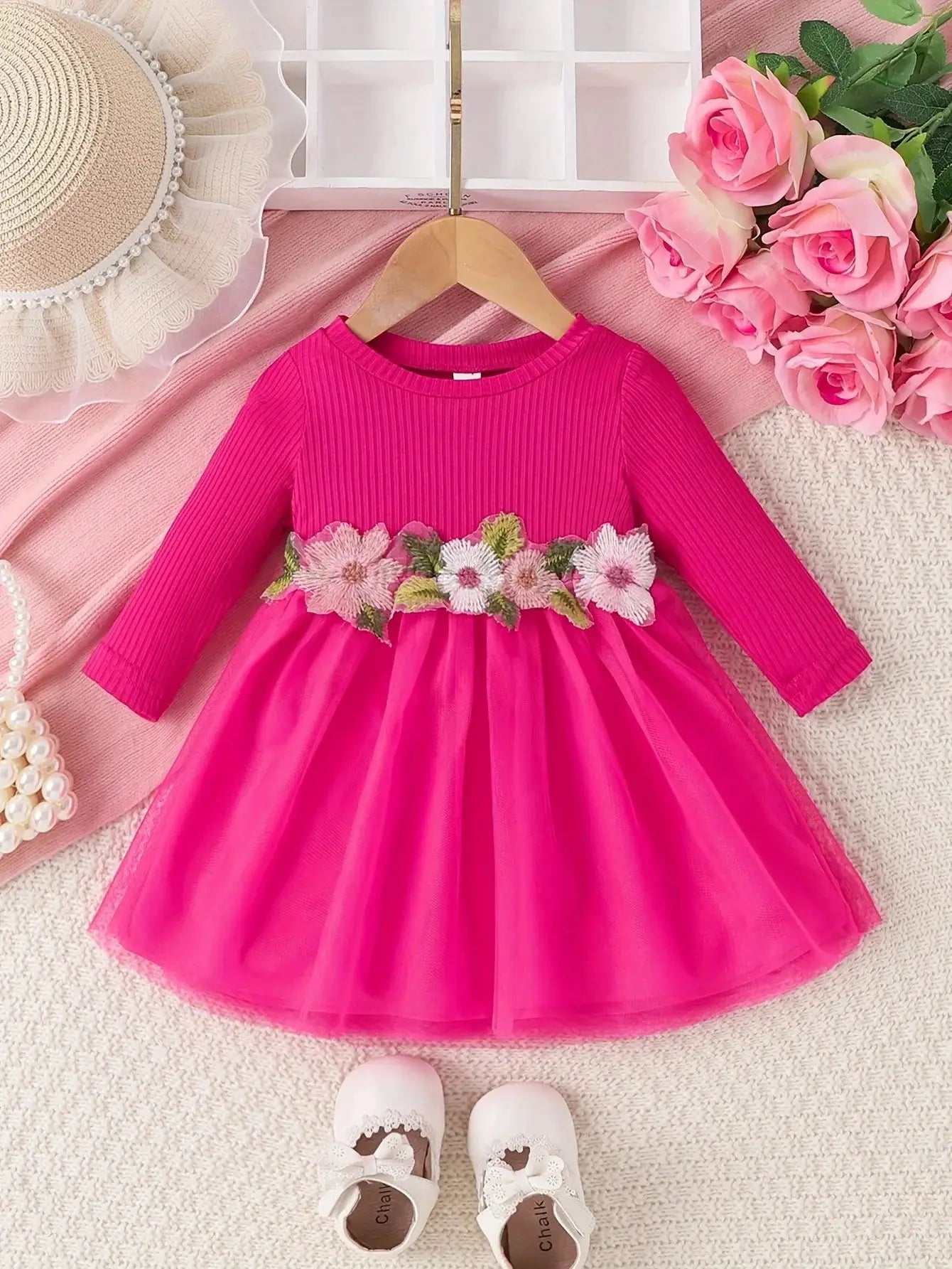 Prowow 3-24M Baby Girls Dresses Long Sleeve Pink White Patchwork Belted Dress For Girl Newborn Baby Clothes Infants by All Mart Bristol Ltd