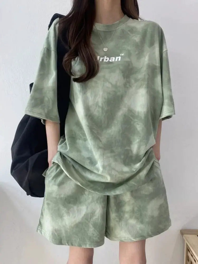 Women T-Shirt Shorts Suit Set Casual Tie Dye Loose tshirt and wide leg middle shorts with pockets female Soft Summer Shorts Sets by All Mart Bristol Ltd