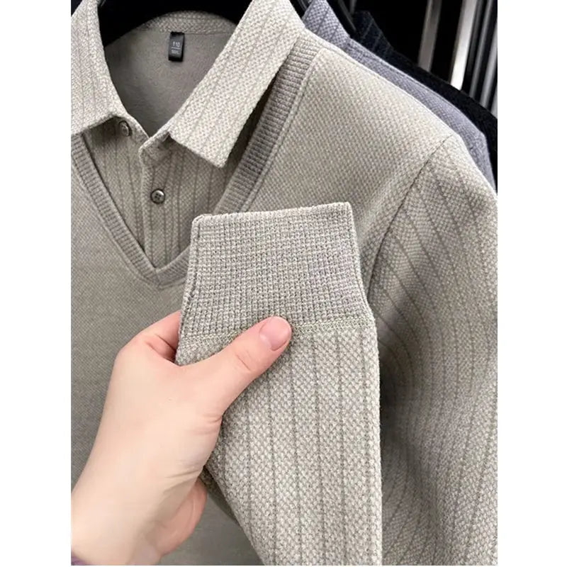 Mens Sweater Polo Collar Label Patchwork Stripes Plush Wool Liner Knitted Thickened Sweater Brand Luxury Print Thermo Menswear by All Mart Bristol Ltd