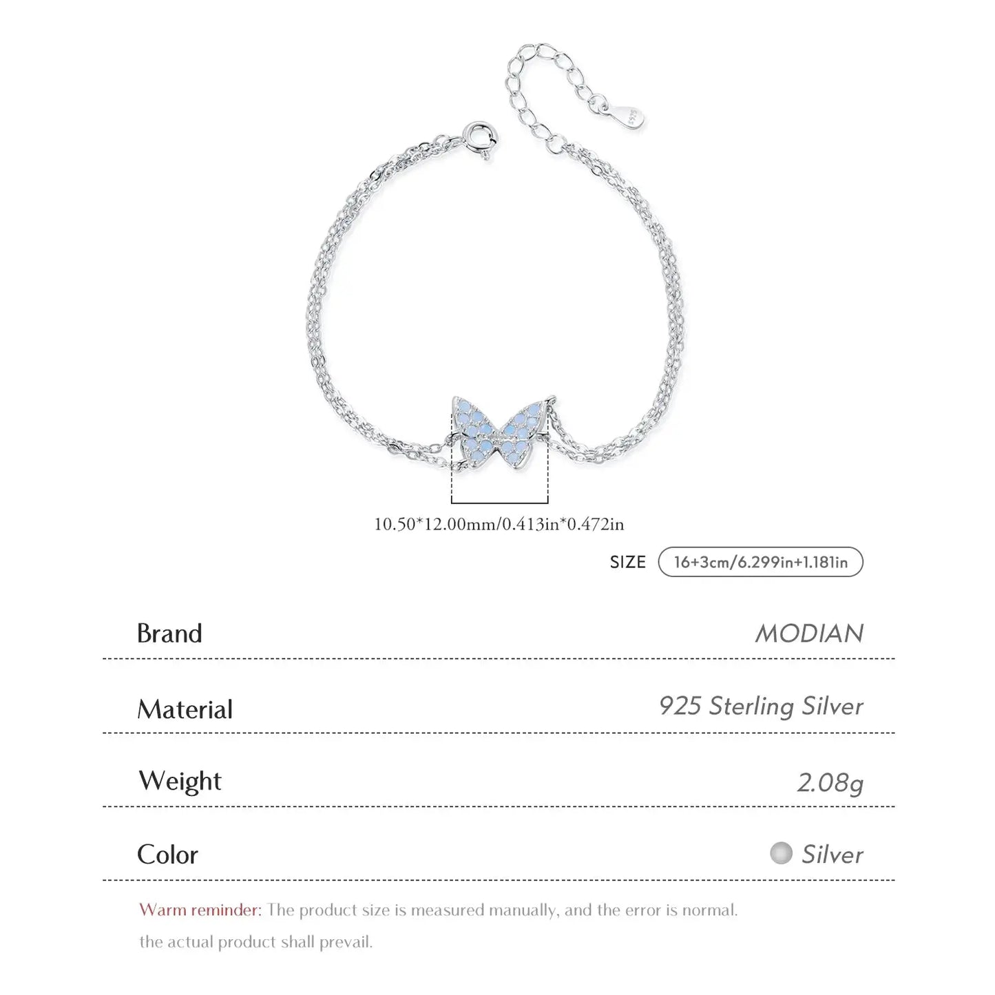 MODIAN Sweet Blue Opal Butterfly Bracelet 925 Sterling Silver Fashion Double Layer Link Chain Bracelets For Women Fine Jewelry by All Mart Bristol Ltd