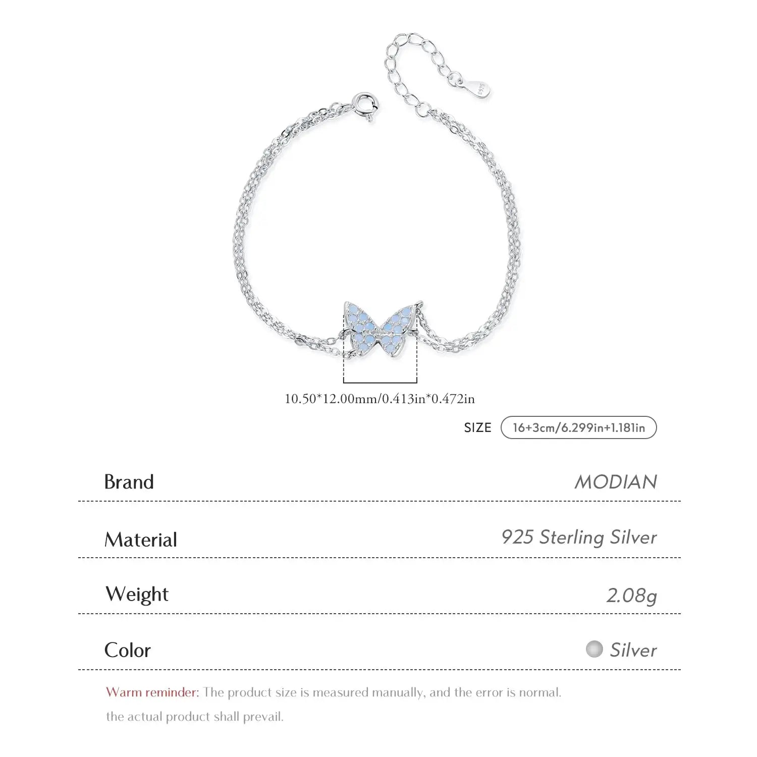 MODIAN Sweet Blue Opal Butterfly Bracelet 925 Sterling Silver Fashion Double Layer Link Chain Bracelets For Women Fine Jewelry by All Mart Bristol Ltd