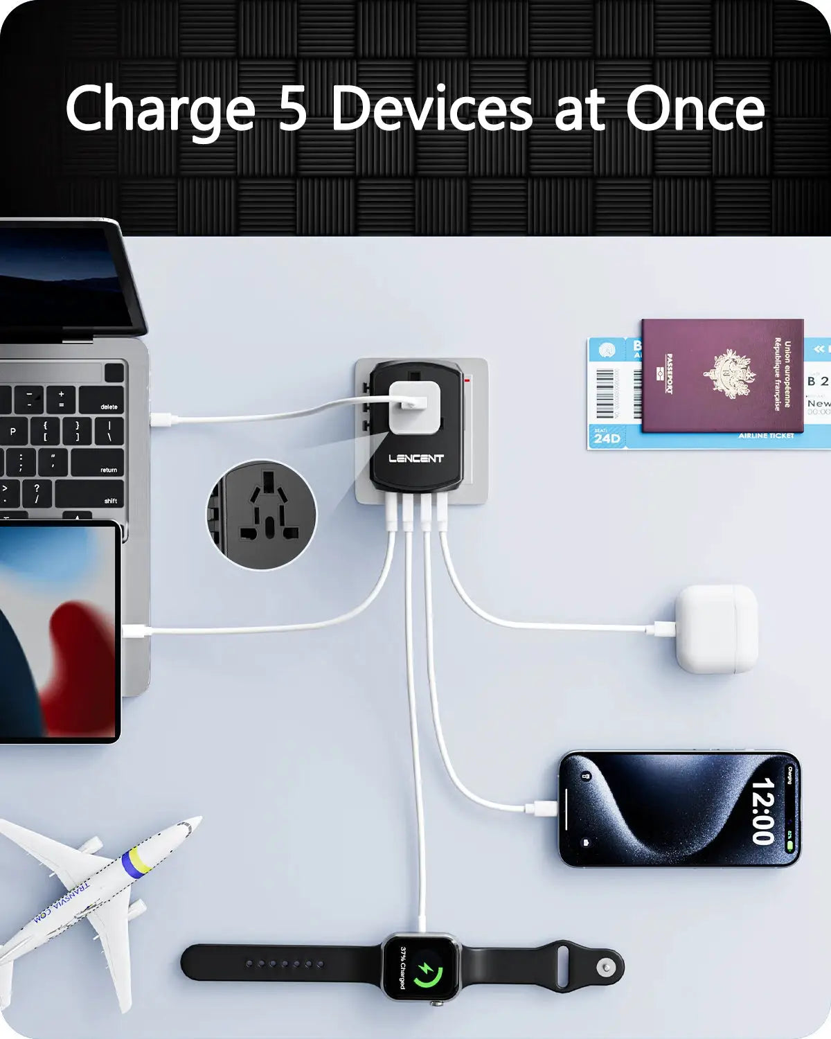 LENCENT Universal Travel Adapter with USB-C and 3 USB Ports by All Mart Bristol Ltd