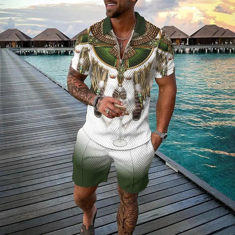 Vintage Men's Suit Zipper Polo Shirt Shorts Pants 2 Piece Set Coconut Tree Animal 3D Print Casual Men Tracksuit Ropa Barata by All Mart Bristol Ltd