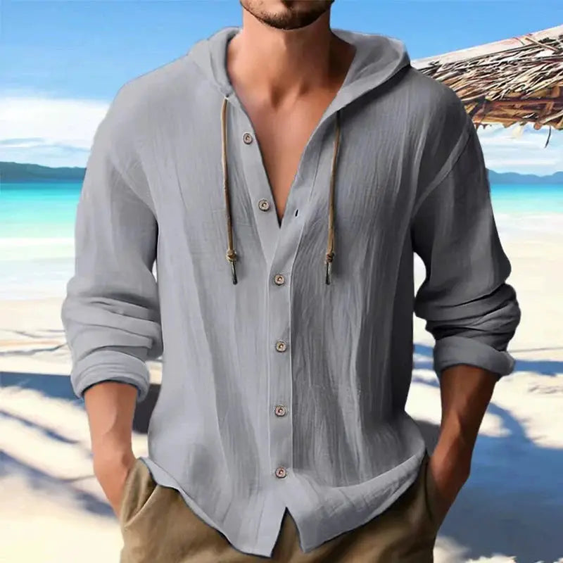 Men's Linen Shirt Solid Streetwear Long Sleeve Hoodie Cardigan Clothing For Men Button Tops Casual Loose Men Hooded Shirt by All Mart Bristol Ltd