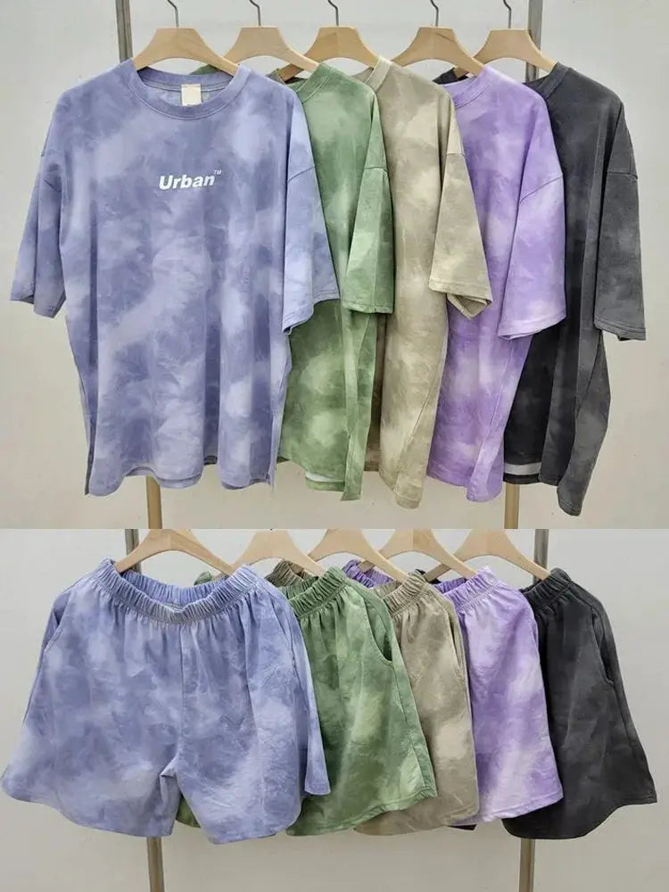 Women T-Shirt Shorts Suit Set Casual Tie Dye Loose tshirt and wide leg middle shorts with pockets female Soft Summer Shorts Sets by All Mart Bristol Ltd