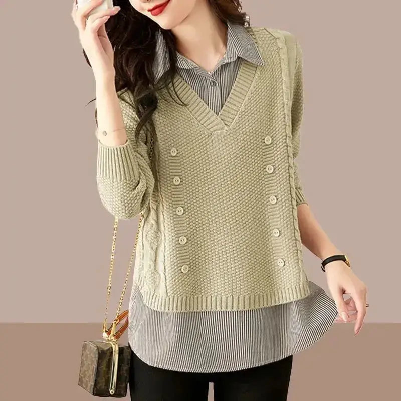 2026 New Autumn Women Sweater Pullover Splice Shirt Collar Long Sleeve Fake Two Pieces Knit Sweater Female Tops Bottoming Shirt by All Mart Bristol Ltd