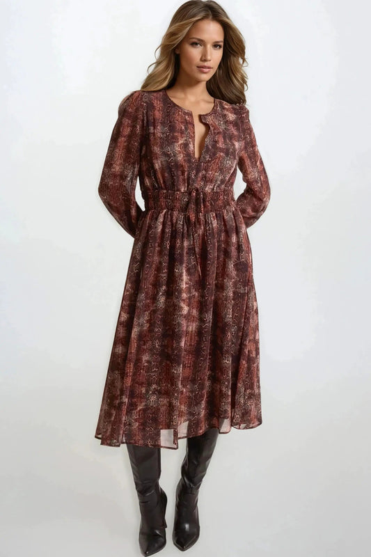Brown Snake Print Long Sleeve Midi Dress by Aftershock London