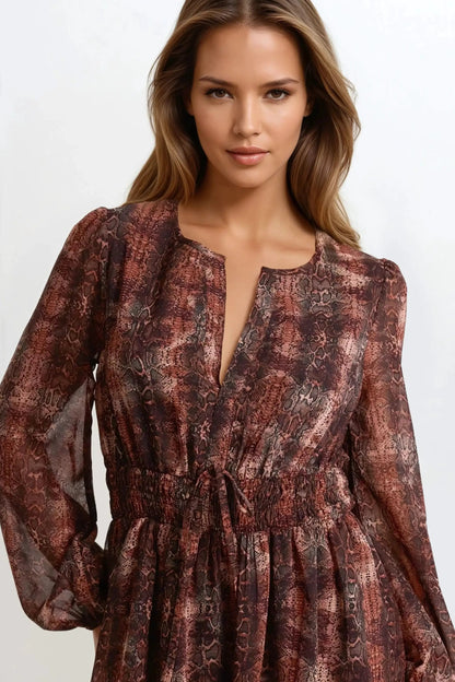Brown Snake Print Long Sleeve Midi Dress by Aftershock London