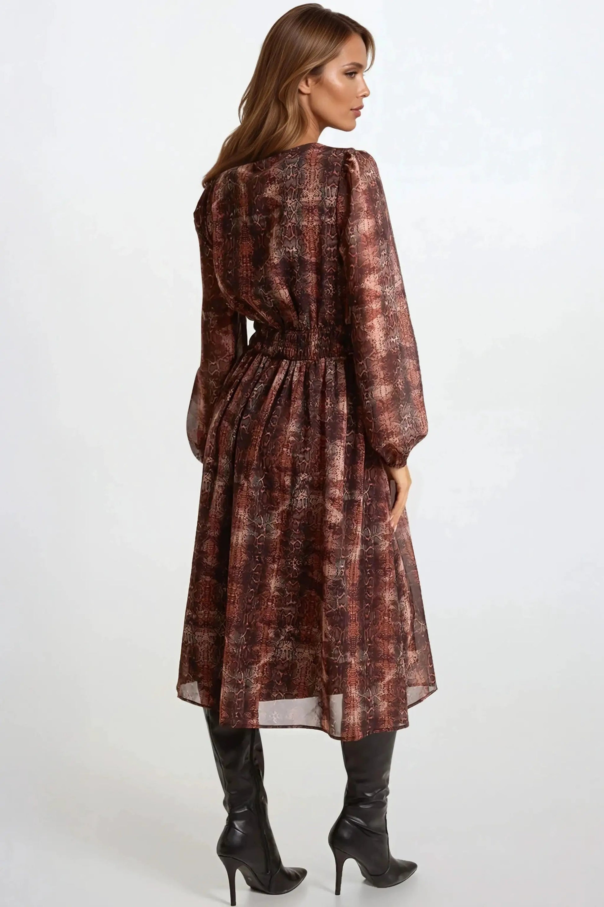 Brown Snake Print Long Sleeve Midi Dress by Aftershock London