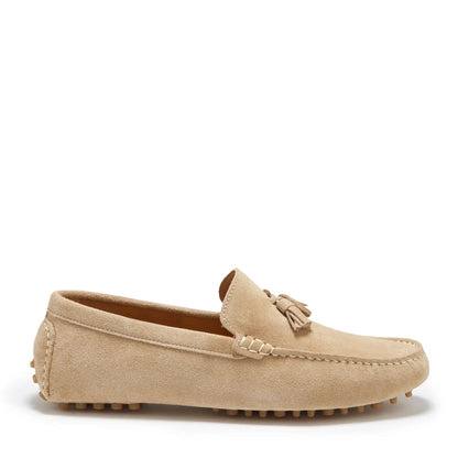 Tasselled Driving Loafers, taupe suede by Hugs & Co.