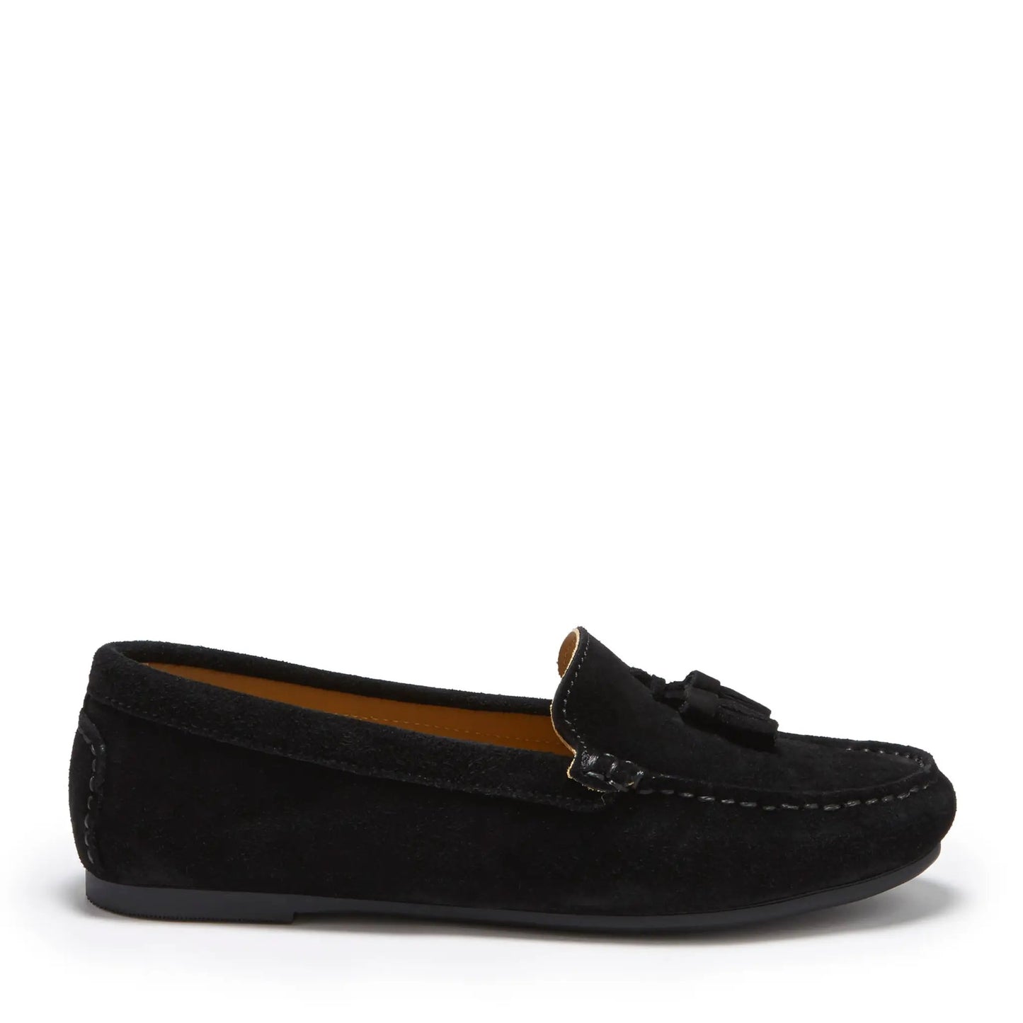 Women's Tasselled Driving Loafers Full Rubber Sole, black suede by Hugs & Co.