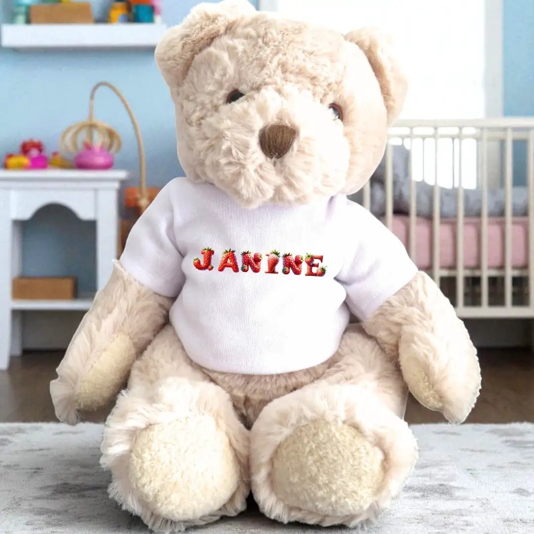 Personalised Luxury Teddy Bear with Strawberry Name T-Shirt by Aye Do Gifts