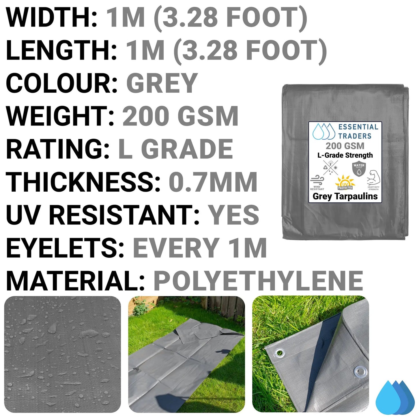 1m x 1m Grey Tarpaulins, L-Grade 200 GSM by Costwise