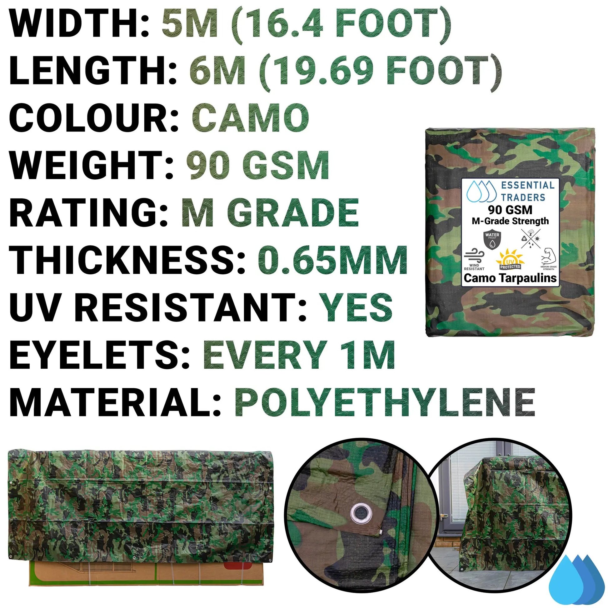5m x 6m Camouflage Tarpaulins, M-Grade 90 GSM by Costwise