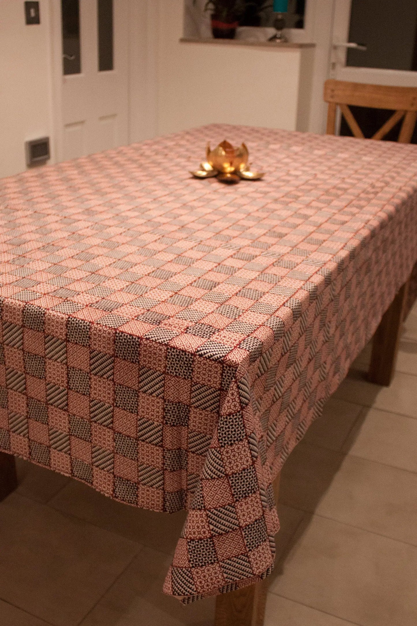 All Over Checks Mix Hand-block Print Table Cloth - White Red by SVEZElife
