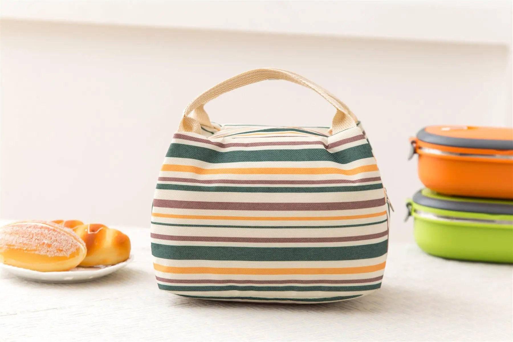 Vinsani Insulated Striped Canvas Thermal Lunch Bag Reusable Portable Cooler Bag Lightweight Convenient Foldable for Work School Picnic Office Adults & Kids by Vinsani