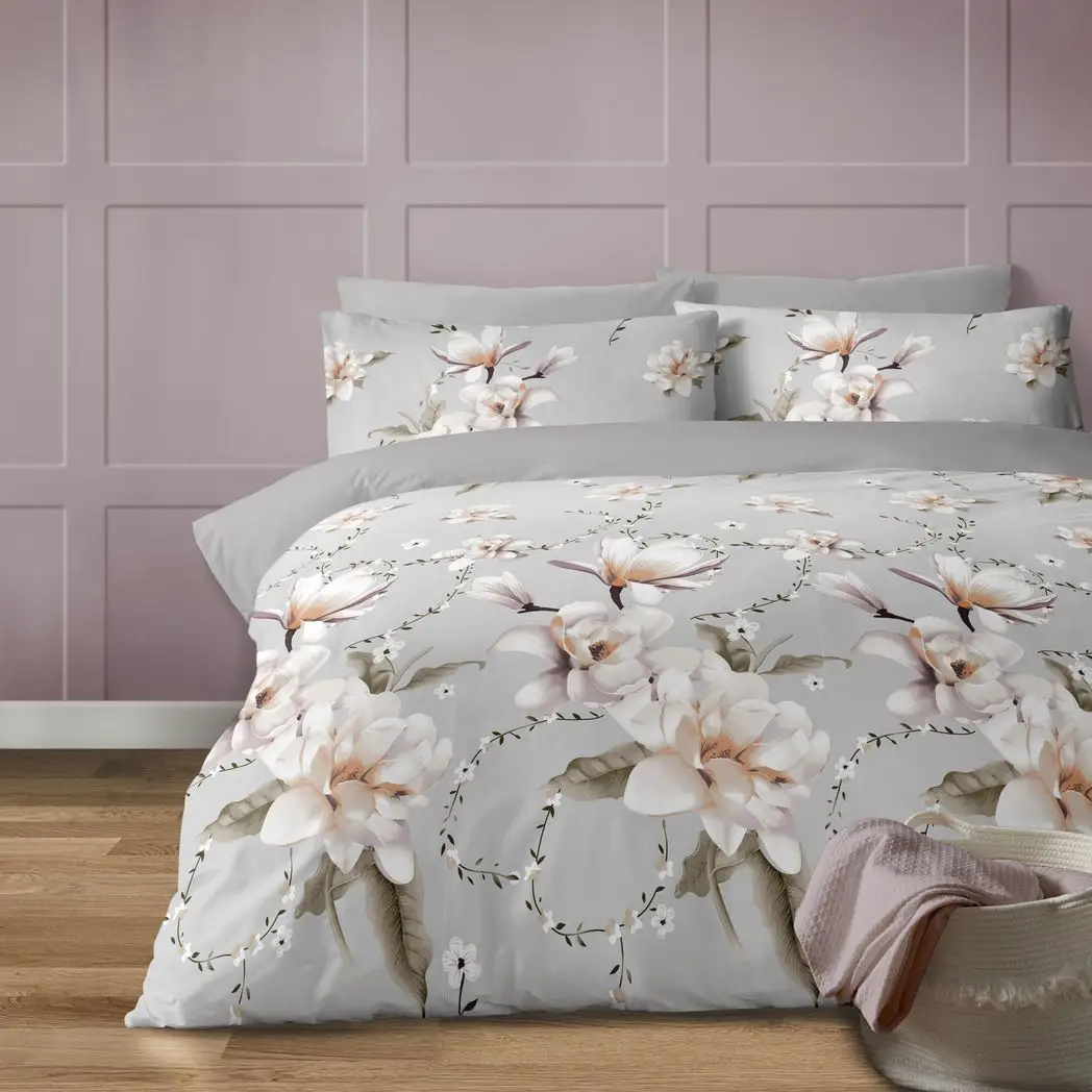 Anemone grey duvet cover set with large white floral print by Bellissimo Home