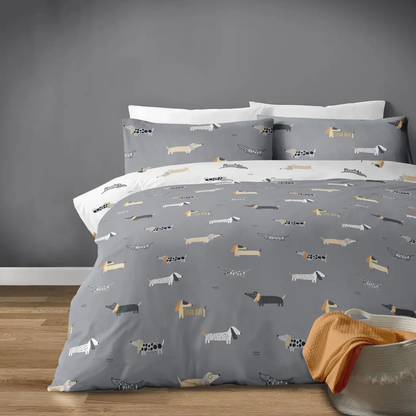 Dachys Grey and white dachshund sausage dog design polycotton duvet set. by Bellissimo Home
