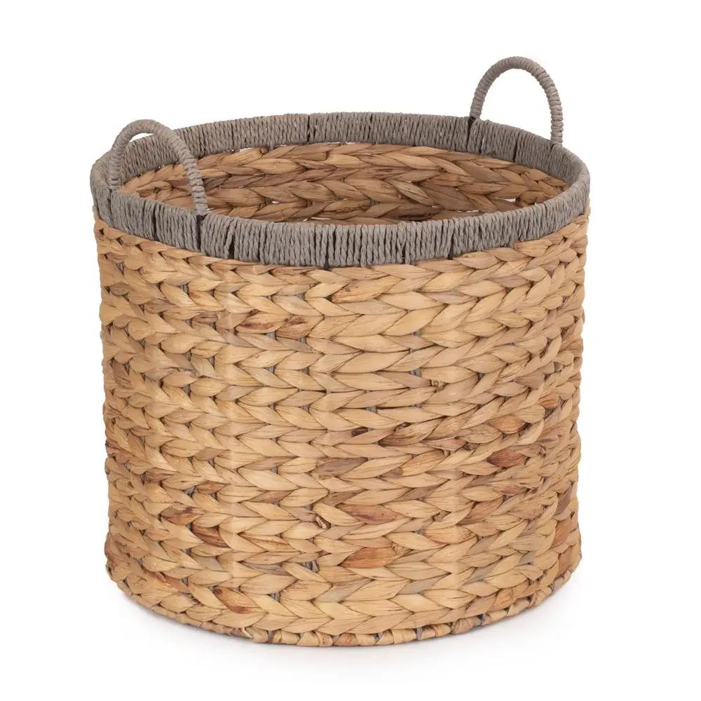Round Water Hyacinth Storage Basket With Grey Rope Border by Red Hamper