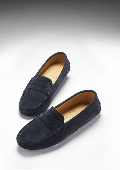 Women's Penny Driving Loafers, navy blue suede by Hugs & Co.