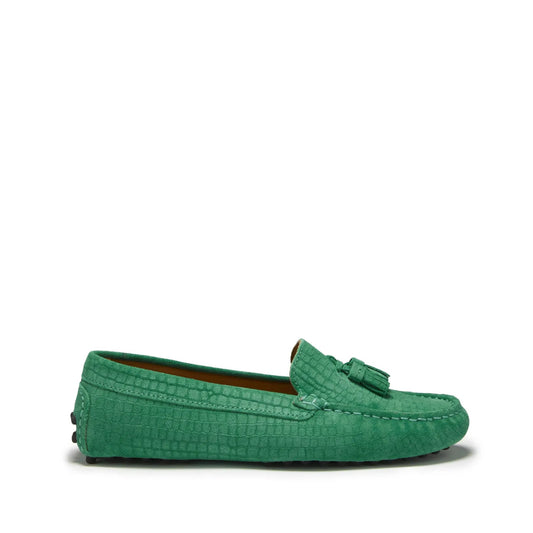 Women's Tasselled Driving Loafers, emerald embossed suede by Hugs & Co.