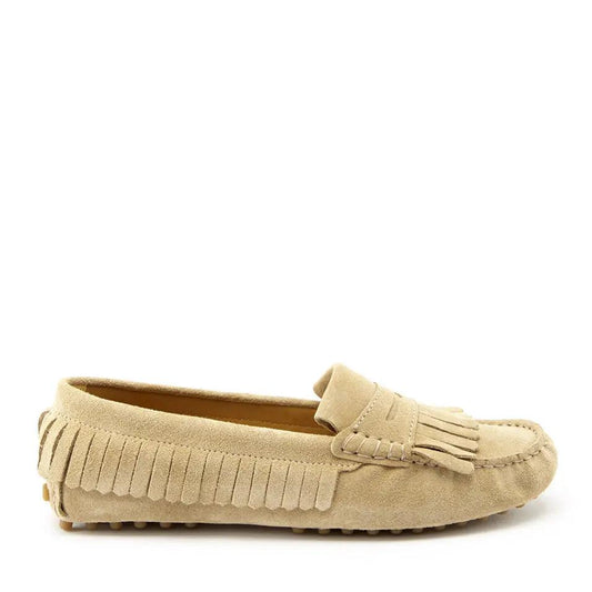 Women's Fringed Driving Loafers, taupe suede by Hugs & Co.