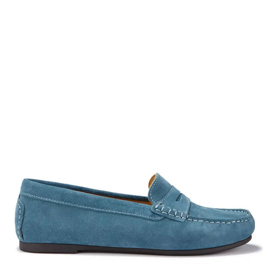Women's Penny Driving Loafers Full Rubber Sole, teal suede by Hugs & Co.