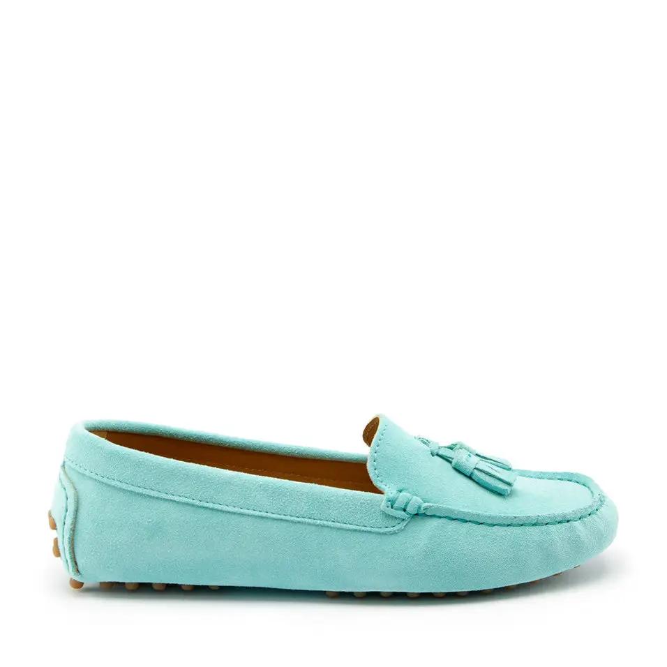 Women's Tasselled Driving Loafers, aqua suede by Hugs & Co.