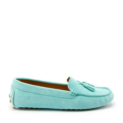Women's Tasselled Driving Loafers, aqua suede by Hugs & Co.