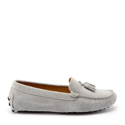 Women's Tasselled Driving Loafers, dove grey suede by Hugs & Co.