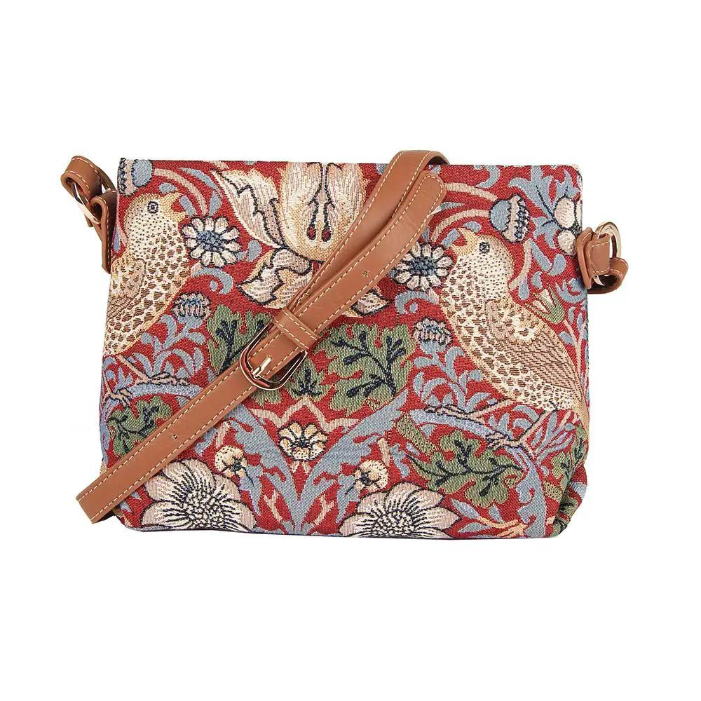 William Morris Strawberry Thief Red - Cross Body Bag by Signare Tapestry