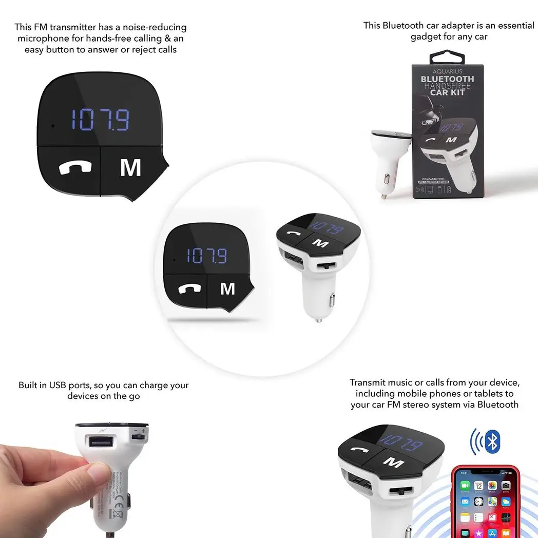 Aquarius Bluetooth Car Adapter FM Transmitter Hands-free Calling Car Kit, White by Aquarius