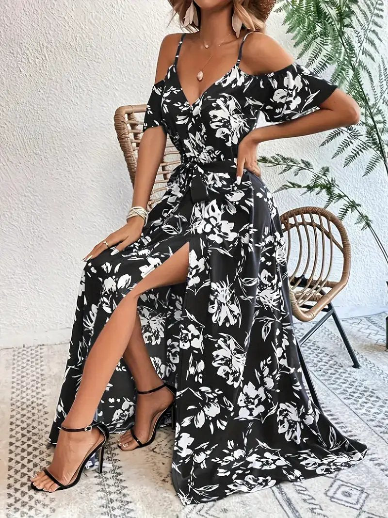 Ins Off-Shoulder Split Dress Summer Floral Print Suspender Long Dresses With Belt Design Women's Beach Clothing by Dropshipman