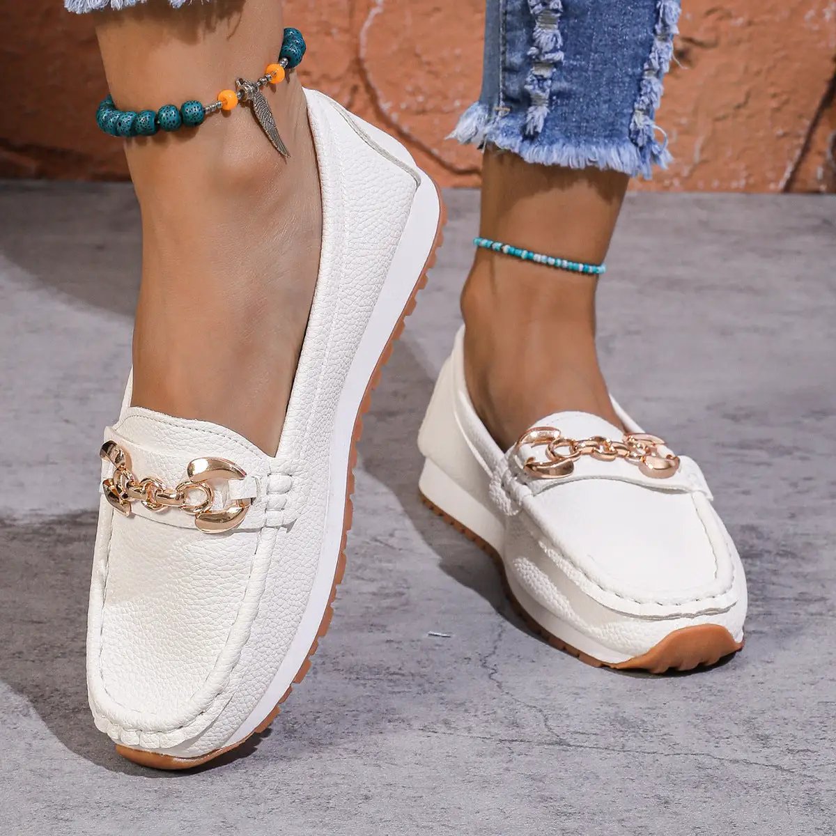 Women's Metal Chain Flat Slip-On Loafers by Dropshipman