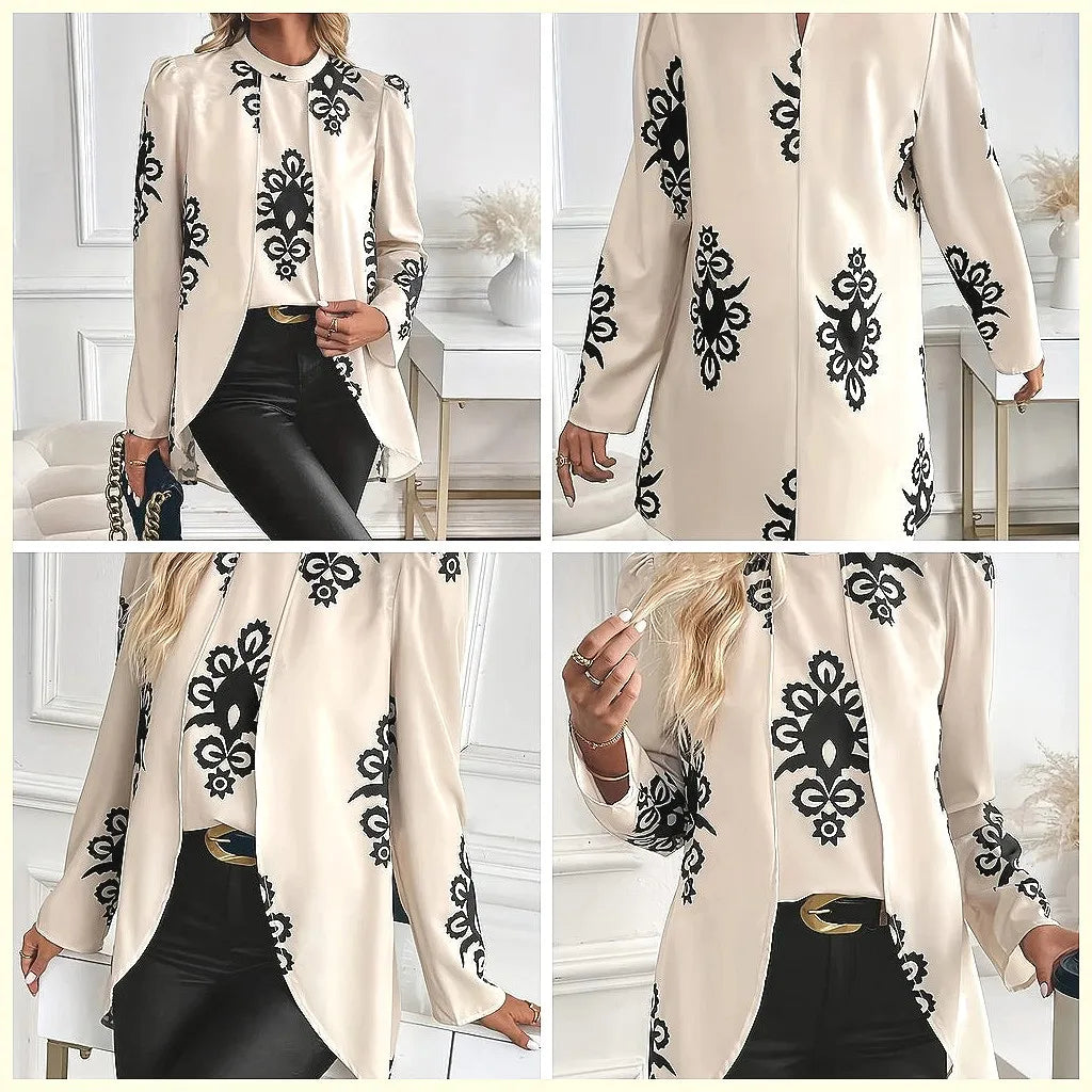 2026 Fashion Women's Long Sleeve Print Blouse, Elegant Office Top with Fake Two-Piece Design by All Mart Bristol Ltd