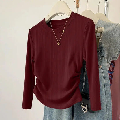 Spring and Autumn Women's Threaded T-shirt Top Soft Solid Color Round Neck Long Sleeve Fashionable Slimming Bottom Shirt by All Mart Bristol Ltd