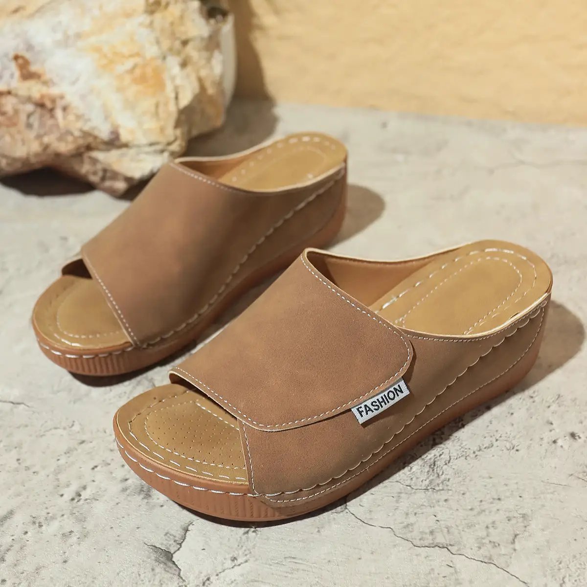 Summer Wedge Slides Slippers Fashion Fish Mouth Thick Bottom Roman Shoes Solid Color Beach Sandals For Women by Dropshipman