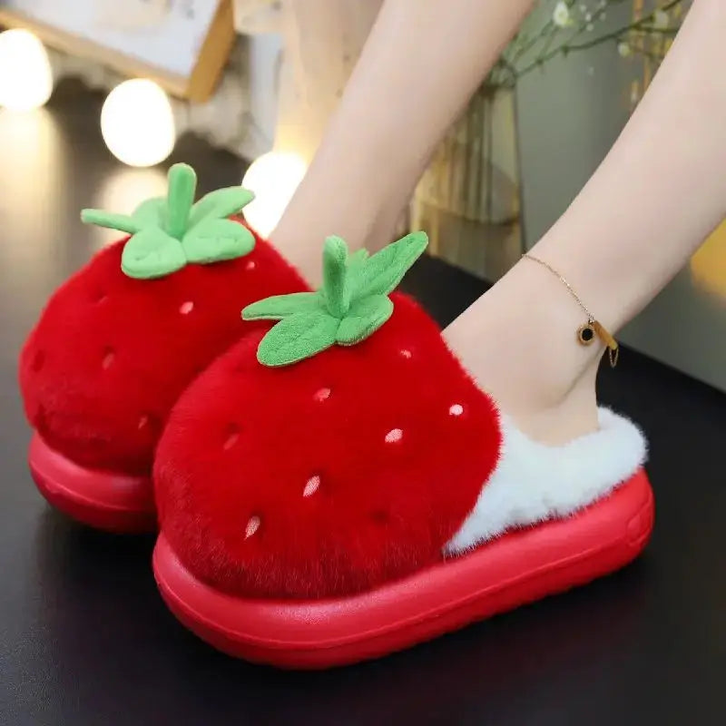 Newest 2025 Creative Strawberry Fur Slippers with Stem Ladies Platfrom EVA Plush Slides Shoes for Women Brand Plush Slippers by All Mart Bristol Ltd