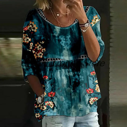 Women's Watercolor Floral Print 3/4 Sleeve Blouse Loose Fit Crew Neck Tunic Tops Lady's Daily Top Shirts by All Mart Bristol Ltd