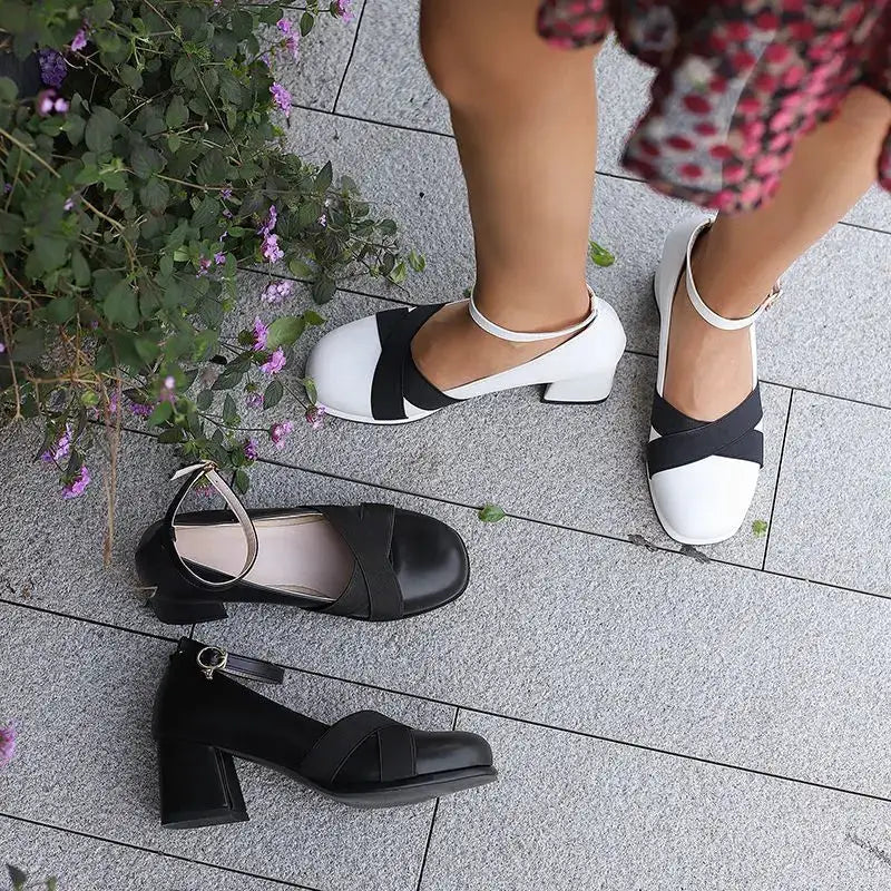 ORCHA LISA Women Pumps Daily Mary Shoes Chunky Heels Ankel Buckle Strap Black Spring Summer Round Toe Shallow Mixed Big Size 43 by All Mart Bristol Ltd