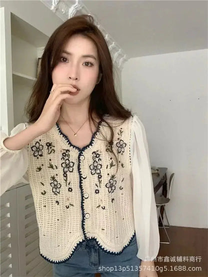 New Embroidered Lace Collar Short-Sleeved Chiffon Blouse for Women - Minimalist Chic Style, with Open and Loose Fit Top. by All Mart Bristol Ltd