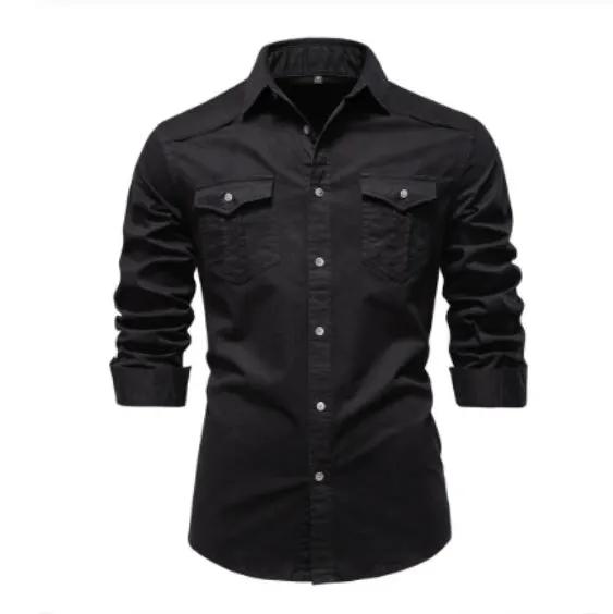 Men's Long-sleeved Denim Shirt Casual Solid Button Slim Tops Clothing by Dropshipman